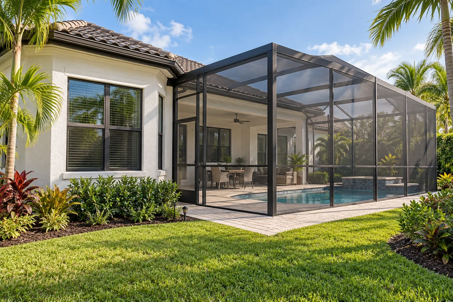 Service illustration of a Florida house exterior and screened pool enclosure