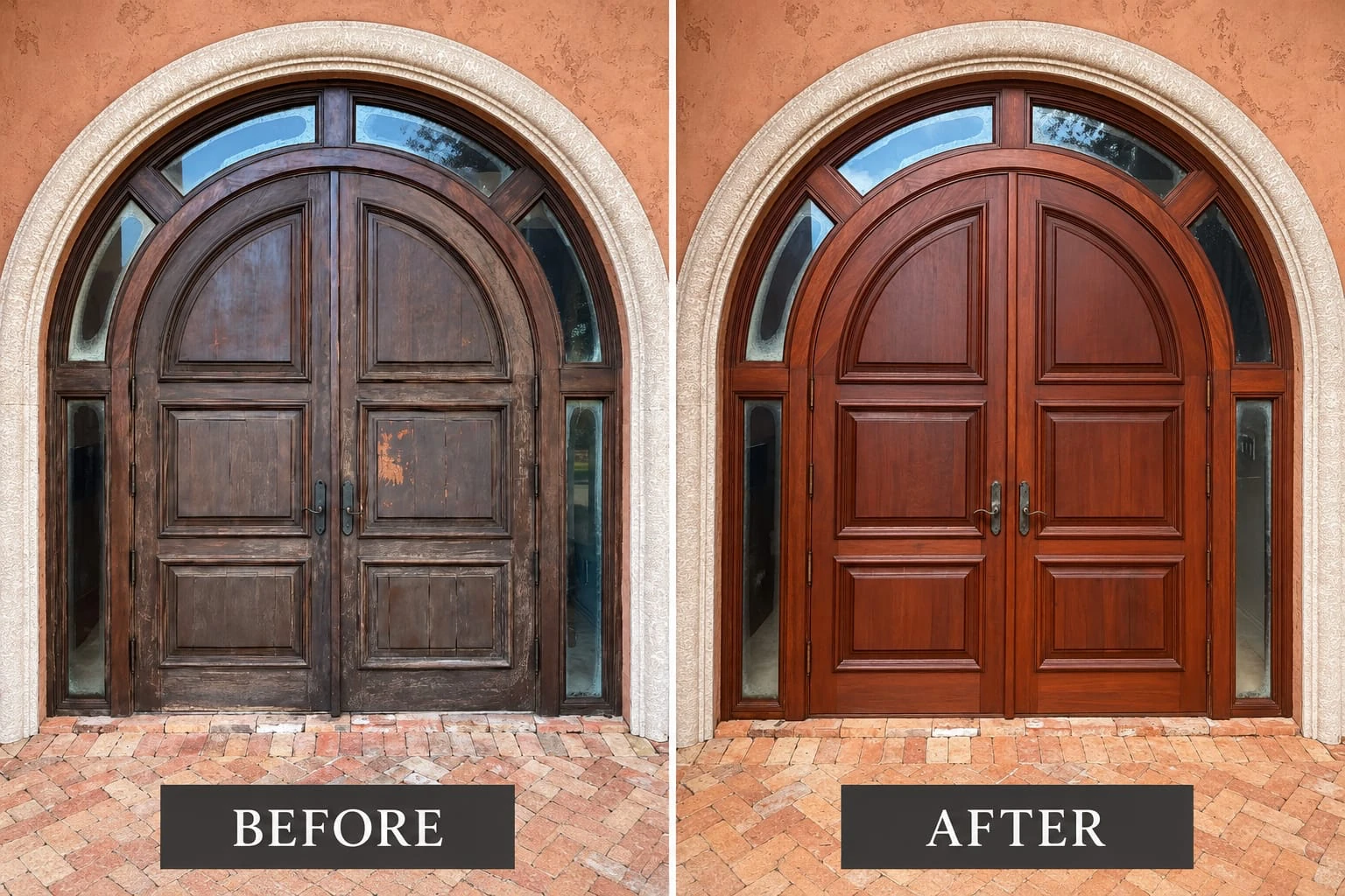 Before and after a door restoration project shown by our laser-cleaning partner